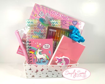 Unicorn Stationery Gift Basket: Lip Gloss Kit, Gel Pens, Notebooks