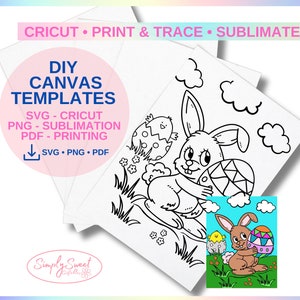 Può includere: Design stampabile in bianco e nero con un coniglio che tiene un uovo di Pasqua. Il design è etichettato "Modelli di tela fai-da-te" e include file SVG, PNG e PDF per Cricut, sublimazione e stampa.