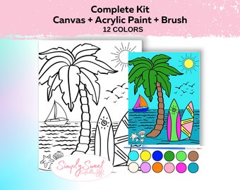 Canvas Painting Kit, Sip and Paint Party, Art Party Kit, Ocean and Surf Board Pre drawn Canvas, Outlined Canvas, Paint Your Own Activity