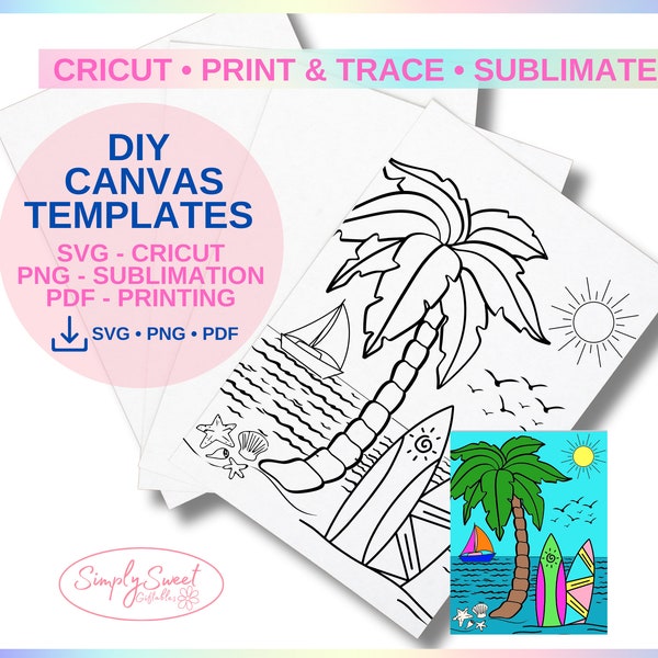 Pre Drawn Canvas Outline Paint and Sip Party, Surf & Beach DIY Paint Party Template, Adult Kids Birthday Paint Party DIY Png Pdf  Kids Teens