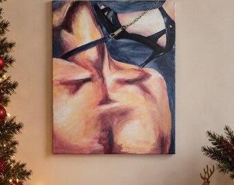 Heel Surrender- Original Painting, Mixed Media Real Chain Kinky bedroom Decor Foot Fetish High Heels Submissive Bondage Art