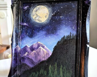 Full Moon Mountain Landscape Painting – Ornate Frame, Night Sky Art (6.5" x 8.5")