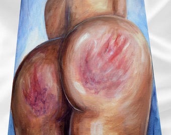 May include: An oil painting on canvas depicting the rear view of a human figure with tan skin tones. The figure features prominent red handprint marks on the buttocks against a light blue, textured, and painterly background with visible brushstrokes.