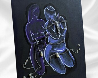 Strong Bonds & Delicate Pearls - Original Painting,  Shibari Art Sensual Bedroom Decor Mixed Media 3D Decor
