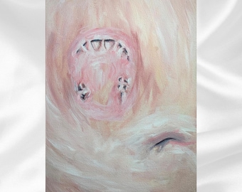 May include: An abstract oil painting with a focus on a central, pink, circular form. The form has dark, tooth-like shapes around its perimeter. The background is a blend of light pink and beige hues, with visible brushstrokes. The artist's signature is in the bottom right corner.
