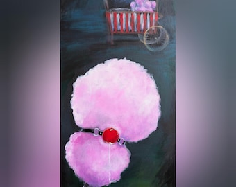 May include: An oil painting on canvas depicting a large, fluffy pink cotton candy treat centered in the foreground. A black collar with a shiny red ball gag is fastened around the middle of the cotton candy. A red carnival cart is visible above.