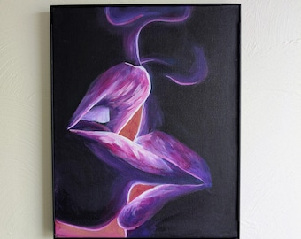 May include: A rectangular canvas painting in a black frame featuring a close-up of two sets of lips meeting in a kiss. The lips are rendered in shades of vibrant purple, magenta, and deep pink against a solid black background with wisps of smoke.
