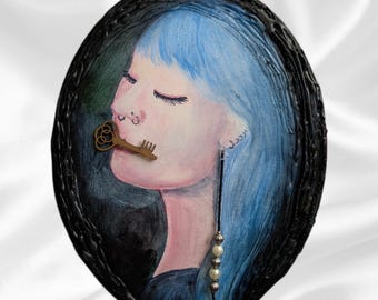 Alt Girl With The Pearl Earring- Original Painting, Blue Hair Decor Alt Goth Wall Art