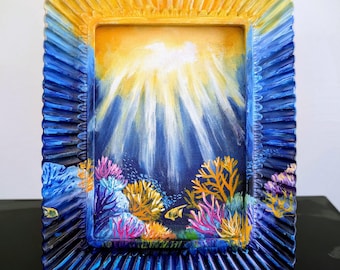 Sunrise Beneath the Surface - Original Framed Coral Reef Painting, Sunlight Rays Ocean Life Art, Ornate Frame Nautical Decor