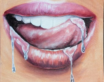 May include: A close-up painting of open lips with a pinkish-red hue, revealing white teeth and a pink tongue. Droplets of a clear liquid are dripping from the lips, creating a sensual and artistic effect. The background is a warm, neutral tone.