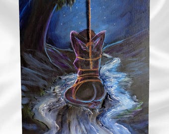 May include: An original painting depicts a figure bound with rope, suspended above a flowing river. The artwork uses a dark color palette with blue, purple, and brown tones. The night sky is visible in the background, with a few stars.