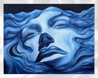 Art Print of  of Into The Blue Painting- Surreal Face Peaceful Wall Art Blue Decor Abstract Portrait