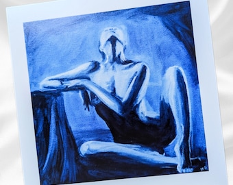 Art Print of Elegant Dancer In Blue Painting- Sensual Figurative Art Moody Nude Wall Decor Female Posing