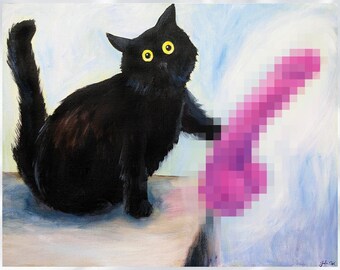 May include: An oil painting depicts a black cat with bright yellow eyes, gazing intently. The cat is positioned near a pixelated pink object. The background features soft blue and white hues, creating a whimsical and artistic composition.