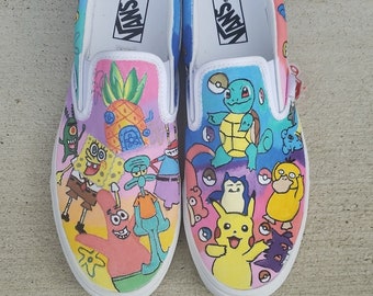 Custom Slip-On Vans Spongebob and Pokemon