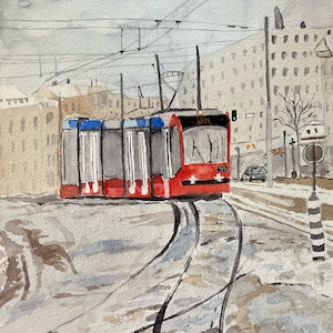 冬の絵画 | オリジナルの水彩画による交通機関の絵画 | 雪の日の路面電車 | 壁の装飾建築イラスト