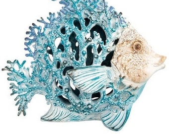 Blue coral fish figurine Marine-themed sculpture Underwater creature decor Ocean-inspired art piece Nautical figurine Coastal Decoration