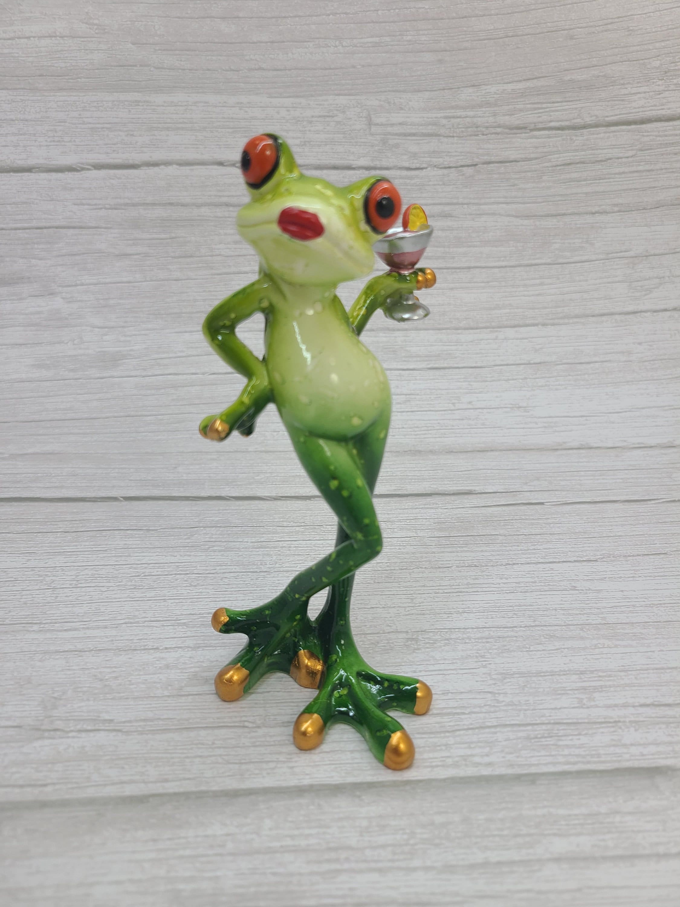 Funny Frog Figurine, Lady Frog Figurine, Lady Frog Drinking