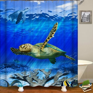Sea Turtle Theme Shower Curtain Set Wooden Board Coral Water Plants Bubble  Sea Life Bathroom Curtain