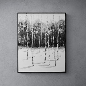 Aspen Tree Painting Black & White Abstract Aspen Tree Art, Birch Tree pintura Original, pintura de paisaje monocromática por Nisha Ghela