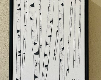 Framed Aspen Tree Painting Black & White - Small, Birch Tree painting Original Aspen tree painted by Nisha Ghela