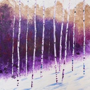 Pintura de paisaje de álamo abstracto violeta, arte del árbol de Aspen, pintura de abedul Árbol de álamo original pintado a mano por Nisha Ghela