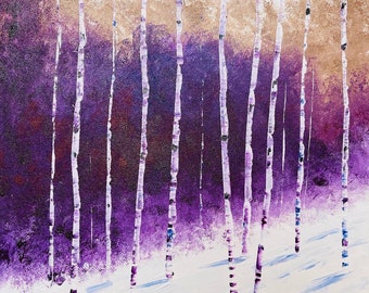 Violet Abstract aspen Landscape painting, Aspen Tree Art, Birch Tree painting Original Aspen tree hand painted by Nisha Ghela