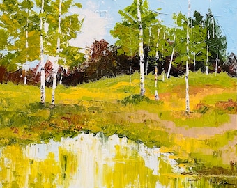 Aspen Tree Painting Summer Greens with reflections, Colorado landscapes, Colorado gift items