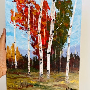 Pintura de paisaje de otoño, arte de árbol de Aspen, pintura de árbol de abedul Árbol de Aspen original pintado a mano por Nisha Ghela