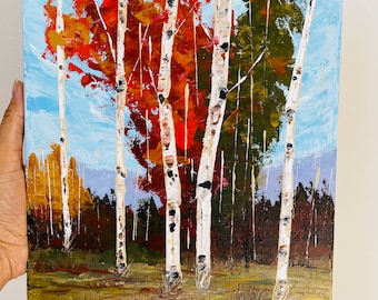 Fall Landscape painting, Aspen Tree Art, Birch Tree painting Original Aspen tree hand painted by Nisha Ghela