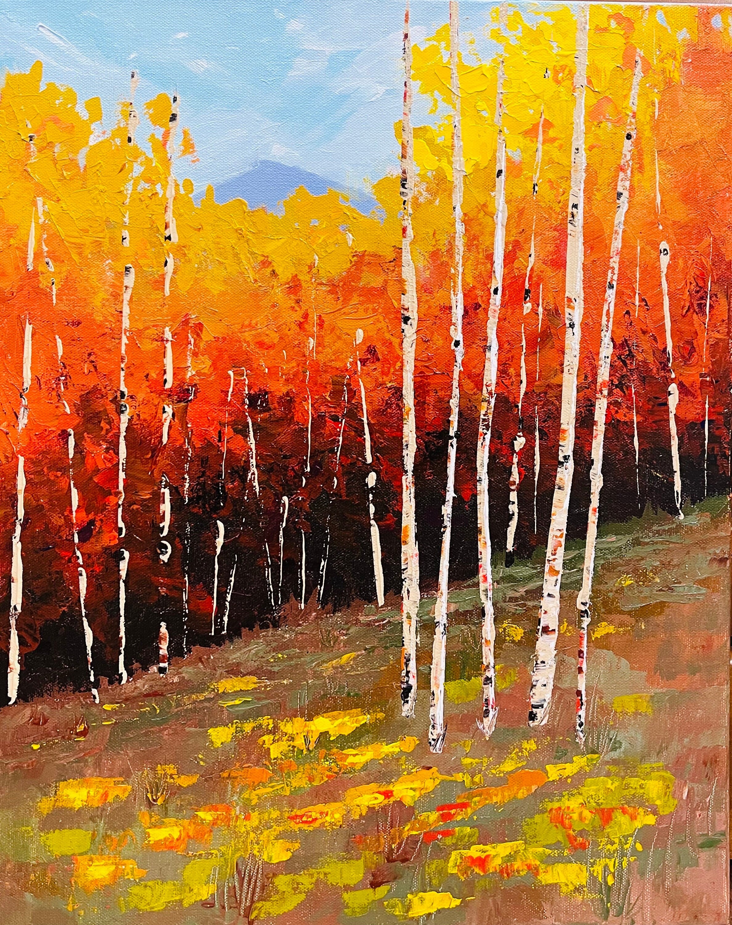 【P0号】【油彩】nest 原画 油絵 oilpainting Aspen Tree Art Original, Fall Colors Wall Art, Birch Tree, Foliage