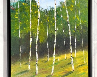 Aspen Tree Painting Summer Greens, Birch Tree painting Original, monochrome landscape painting by Nisha Ghela