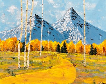 Landscape painting with mountains, Aspen Tree Art, Birch Tree painting Original Aspen tree hand painted by Nisha Ghela