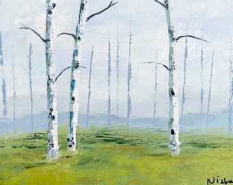 Foggy Landscape painting with mountains, Aspen Tree Art, Birch Tree painting Original Aspen tree hand painted by Nisha Ghela