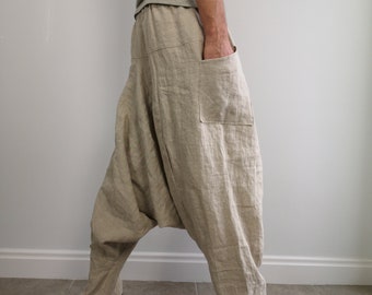 FAIYIWO Women Pockets Harem Pants Casual Vintage Trouser Loose Quality Women Cotton Linen Pants FAIYIWO Blue Size L