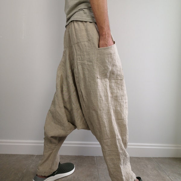 Undyed Natural Linen Unisex Harem Pants / Trousers, Relaxed Look, Loose Fit Men Women Pants, Comfy Linen Lounge Home Wear, Baggy Pants