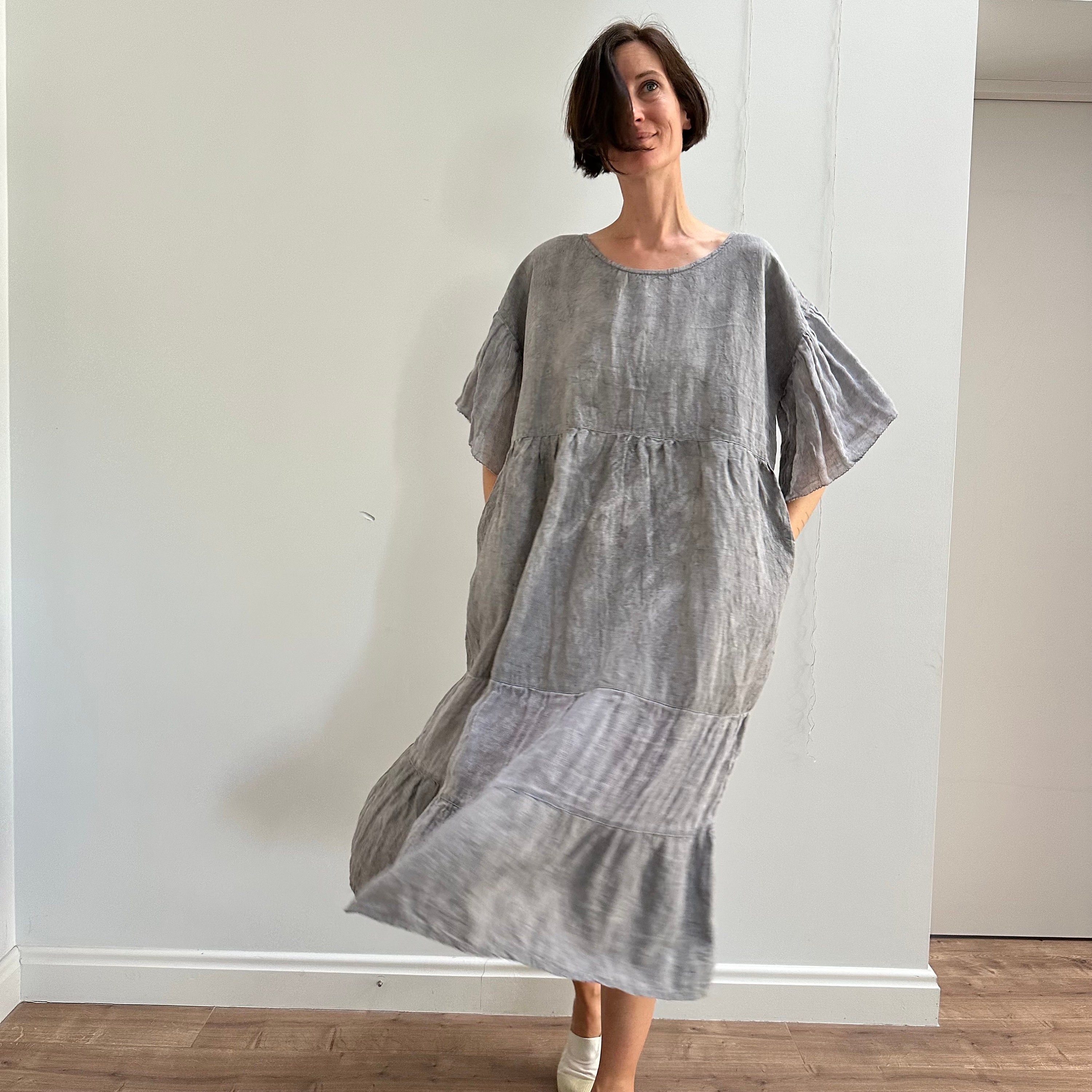 Ruffled Summer Linen Dress With Gathered Short Sleeves, Boho Linen
