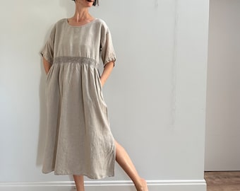 Vestido largo de lino ligero natural con bolsillos, vestido de lino maxi gris claro sin teñir con aberturas, vestido de lino sin mangas de verano