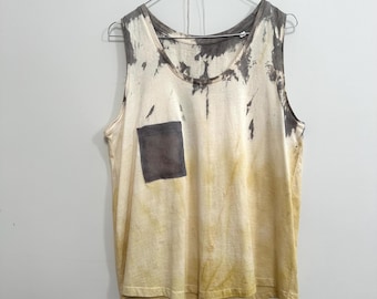Yellow Grey Eco Dyed Organic Cotton Tank Top, Tie-dyed Plant-dyed Naturally Dyed Cotton Tank Top Size L