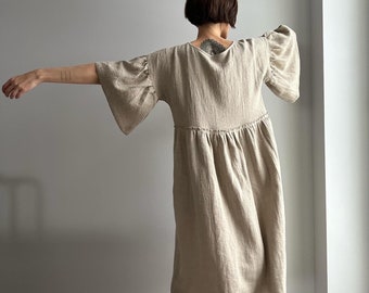 Vestido de lino natural gris con mangas y bolsillos recogidos, vestido de invierno de lino puro gris sin teñir pesado recogido