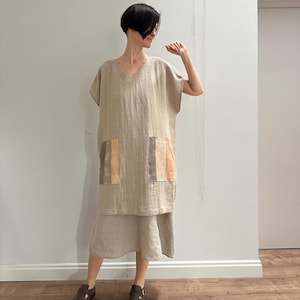 Natural Linen Tunic Dress with Large  Patch Pockets and V-neck, Gray Pure Linen Tunic Dress with Pockets