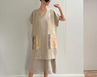 Natural Linen Tunic Dress with Large  Patch Pockets and V-neck, Gray Pure Linen Tunic Dress with Pockets