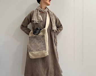 Plant Dyed Cotton Shopping Coross Shoulder Bag with Genuine Upsycled Leather Handles Hand Stitched, Long Handle, One of the Kind