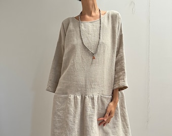 Gray Linen Striped Dress, Relaxed Fit Oversized Natural Linen Dress, Light Grey Linen Dress with Stripes, Long Sleeves Pockets Lower Waist