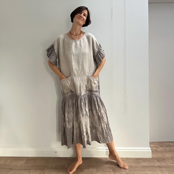 Eco Dyed Gray Linen Dress With Gathered Sleeves and Lower Waist, Natural  Linen Hand Dyed Tie Dye Summer Dress With Pockets - Etsy Norway