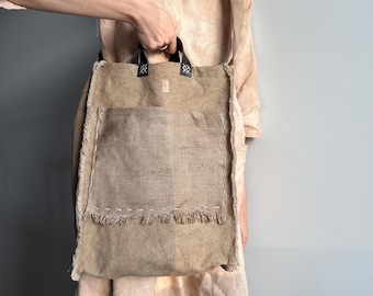 Eco Dyed Chunky Heavy Linen Sand Brown Bag with Leather Handles, Naturally Dyed Pure Linen Handbag, Upcycled Genuine Leather Handles