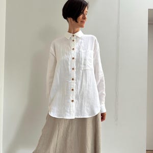 White Natural Linen Shirt with Wooden Buttons, Pure Linen Women Summer Shirt with Pocket, Minimal Simple Linen Blouse