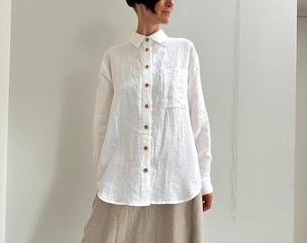 White Natural Linen Shirt with Wooden Buttons, Pure Linen Women Summer Shirt with Pocket, Minimal Simple Linen Blouse