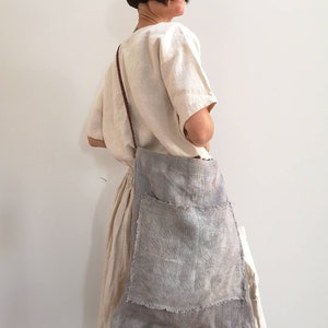 Gray natural simple chunky linen eco-dyed handmade boho linen fabric bag, long leather handle linen bag, minimal cross shoulder linen bag