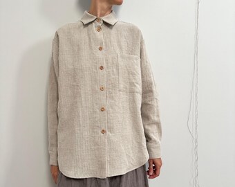 Grey Natural Linen Shirt with White Velvet Stripes, Wooden Buttons, Pure Linen Women Summer Shirt with Pocket, Minimal Simple Linen Blouse
